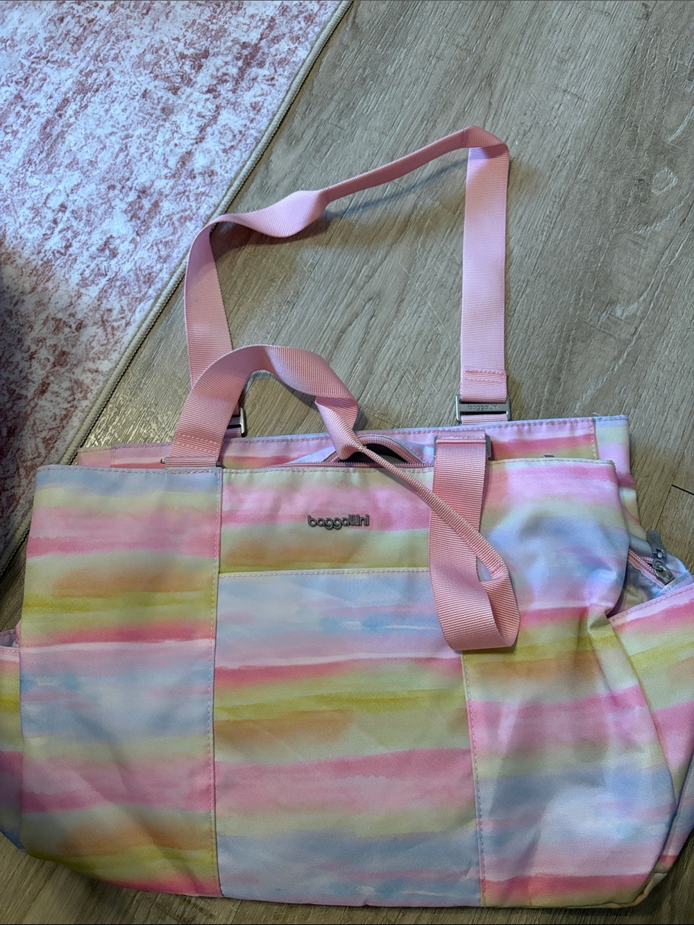 Baggallini Pastel Stripe Tote in Pink, Yellow, Blue